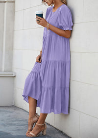 Casual Boho Floral Print Ruffle Puff Short Sleeve Flowy Beach Party Midi Dresses