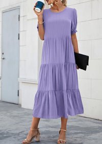 Casual Boho Floral Print Ruffle Puff Short Sleeve Flowy Beach Party Midi Dresses