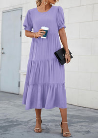Casual Boho Floral Print Ruffle Puff Short Sleeve Flowy Beach Party Midi Dresses