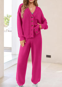 Loose Button Cardigan Casual Pants Solid Color Set