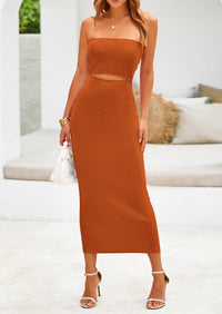 Summer Strapless Cut Out Knit Tube Long Fitted Midi Bodycon Dresses
