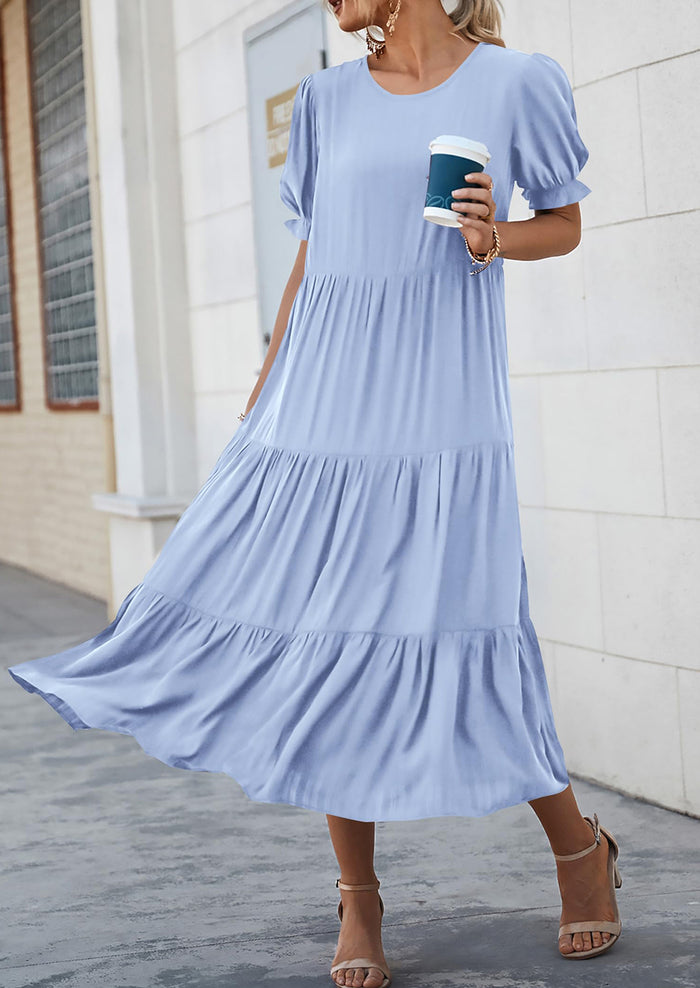 Casual Boho Floral Print Ruffle Puff Short Sleeve Flowy Beach Party Midi Dresses