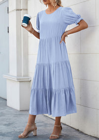 Casual Boho Floral Print Ruffle Puff Short Sleeve Flowy Beach Party Midi Dresses