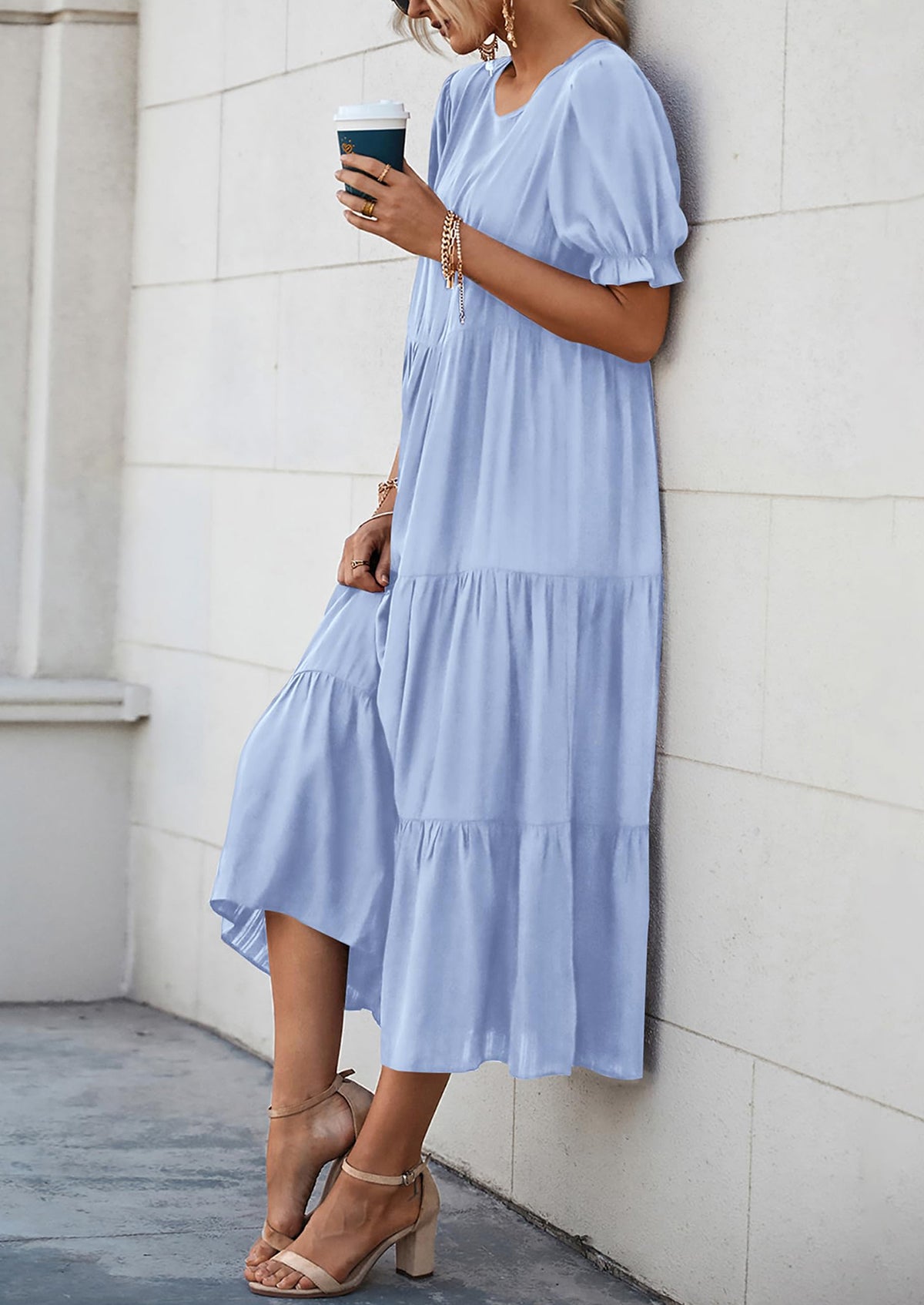 Casual Boho Floral Print Ruffle Puff Short Sleeve Flowy Beach Party Midi Dresses