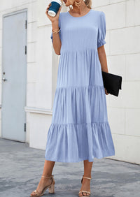Casual Boho Floral Print Ruffle Puff Short Sleeve Flowy Beach Party Midi Dresses