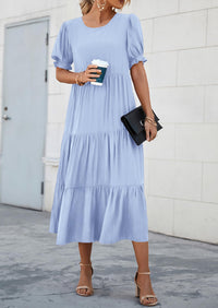 Casual Boho Floral Print Ruffle Puff Short Sleeve Flowy Beach Party Midi Dresses