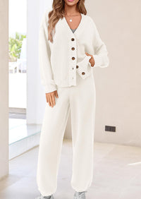 Loose Button Cardigan Casual Pants Solid Color Set