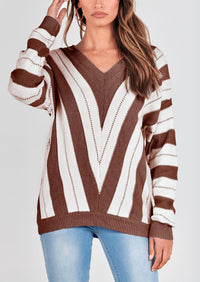 V Neck Stripe Color Block Loose Oversized Pullover Sweaters