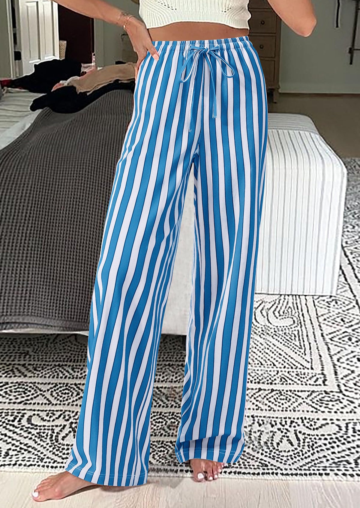 Striped Casual Lightweight Wide Leg Drawstring Lounge Pants with Pockets