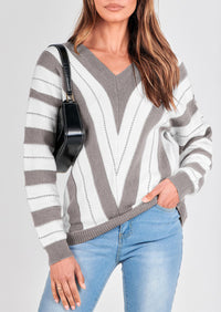 V Neck Stripe Color Block Loose Oversized Pullover Sweaters