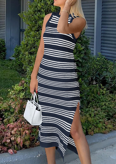 Knit Side Slit Striped Long Tank Dress