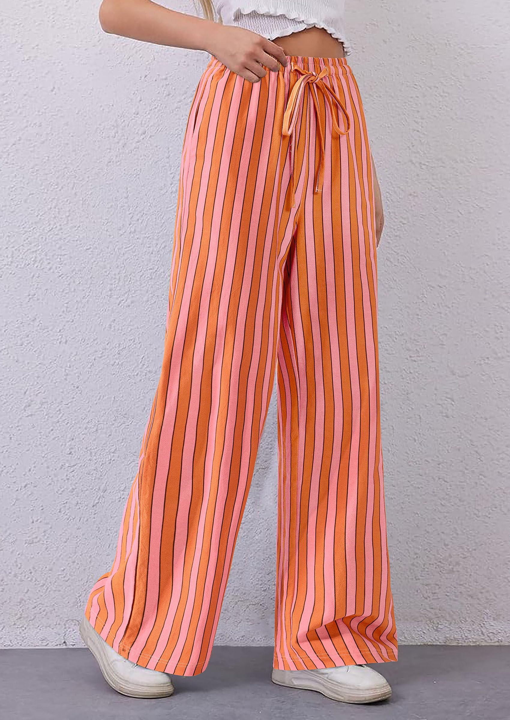 PRETTYGARDEN Women's Summer Striped Wide Leg Lounge Pants Trendy Clothes Drawstring Elastic Waist Comfy Pajama Bottoms