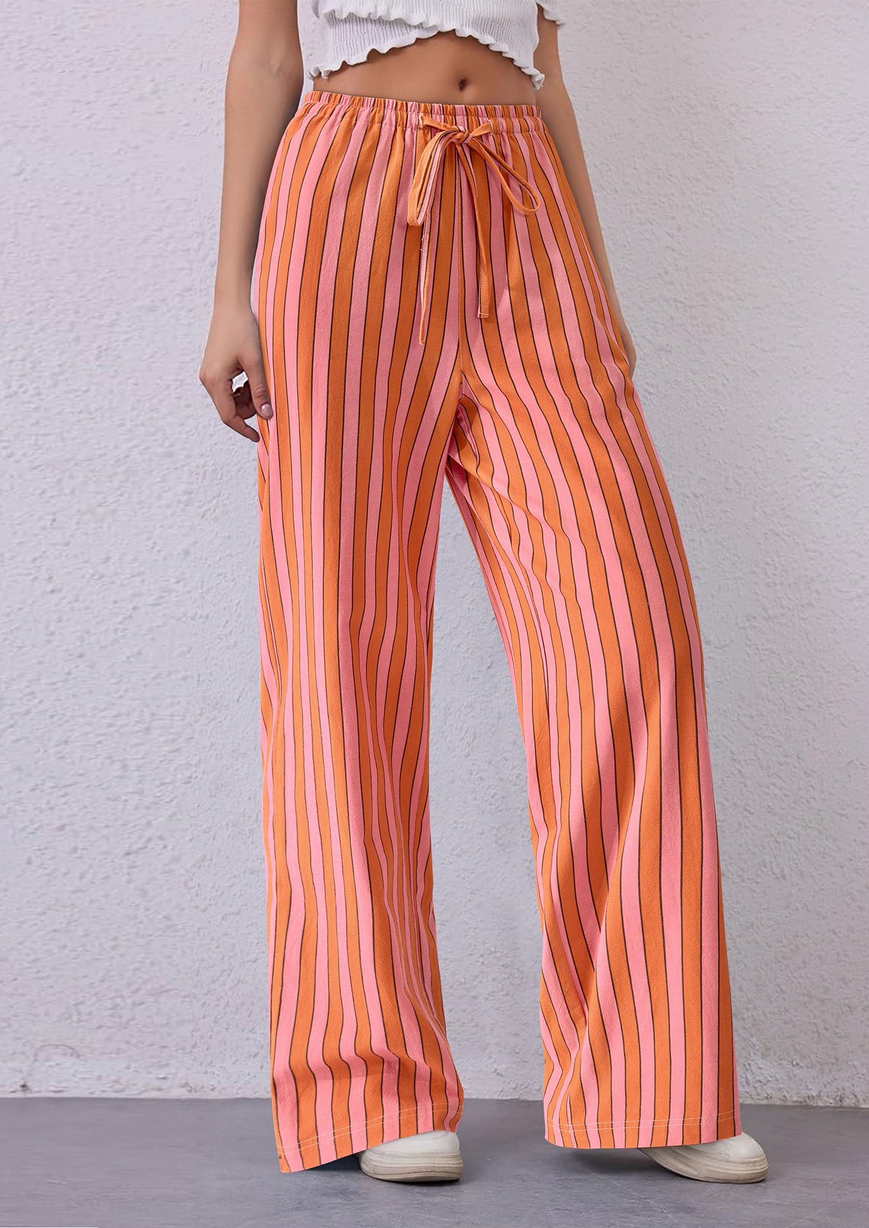 PRETTYGARDEN Women's Summer Striped Wide Leg Lounge Pants Trendy Clothes Drawstring Elastic Waist Comfy Pajama Bottoms
