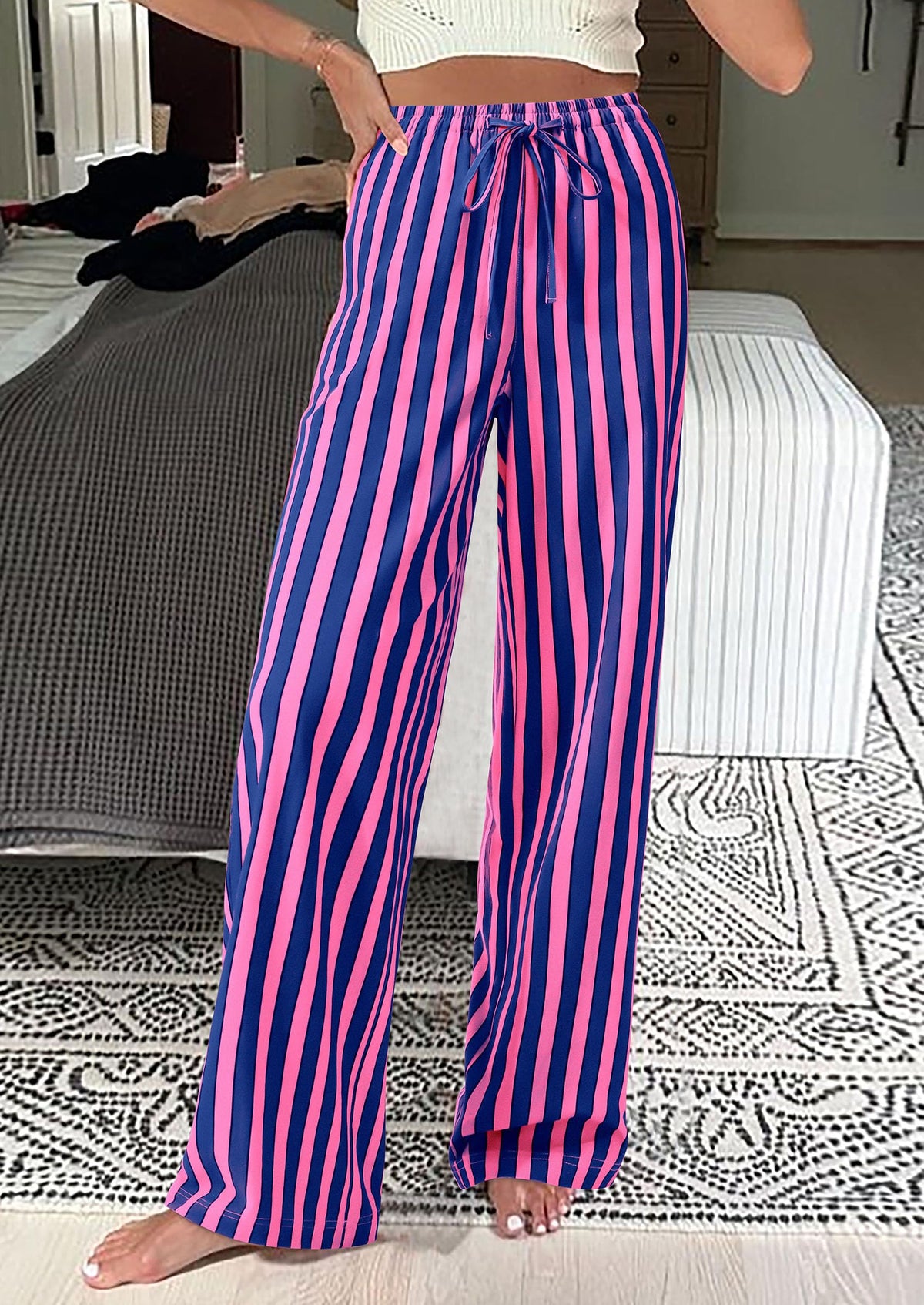 Striped Casual Lightweight Wide Leg Drawstring Lounge Pants with Pockets