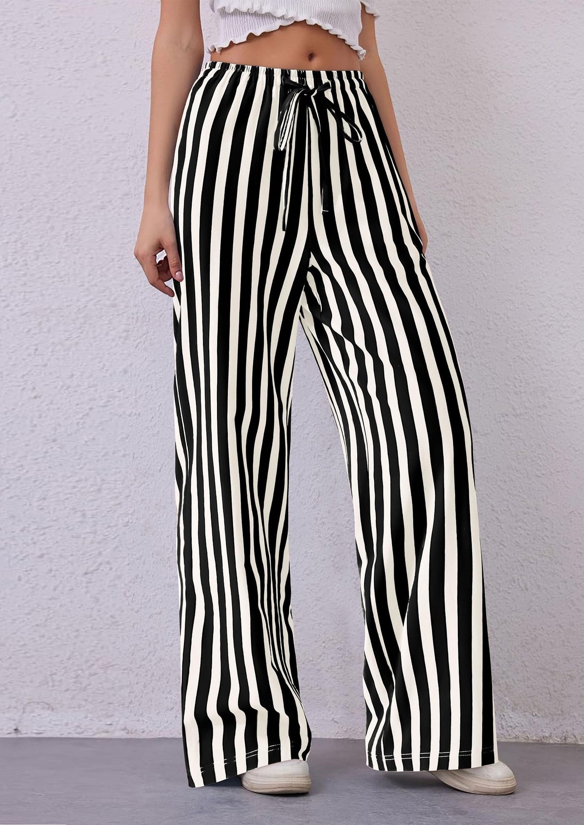 Striped Casual Lightweight Wide Leg Drawstring Lounge Pants with Pockets