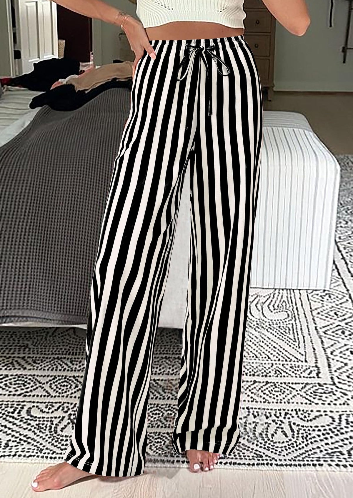 Striped Casual Lightweight Wide Leg Drawstring Lounge Pants with Pockets