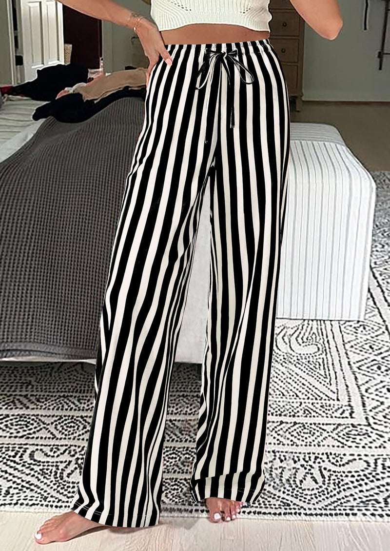 PRETTYGARDEN Women's Summer Striped Wide Leg Lounge Pants Trendy Clothes Drawstring Elastic Waist Comfy Pajama Bottoms