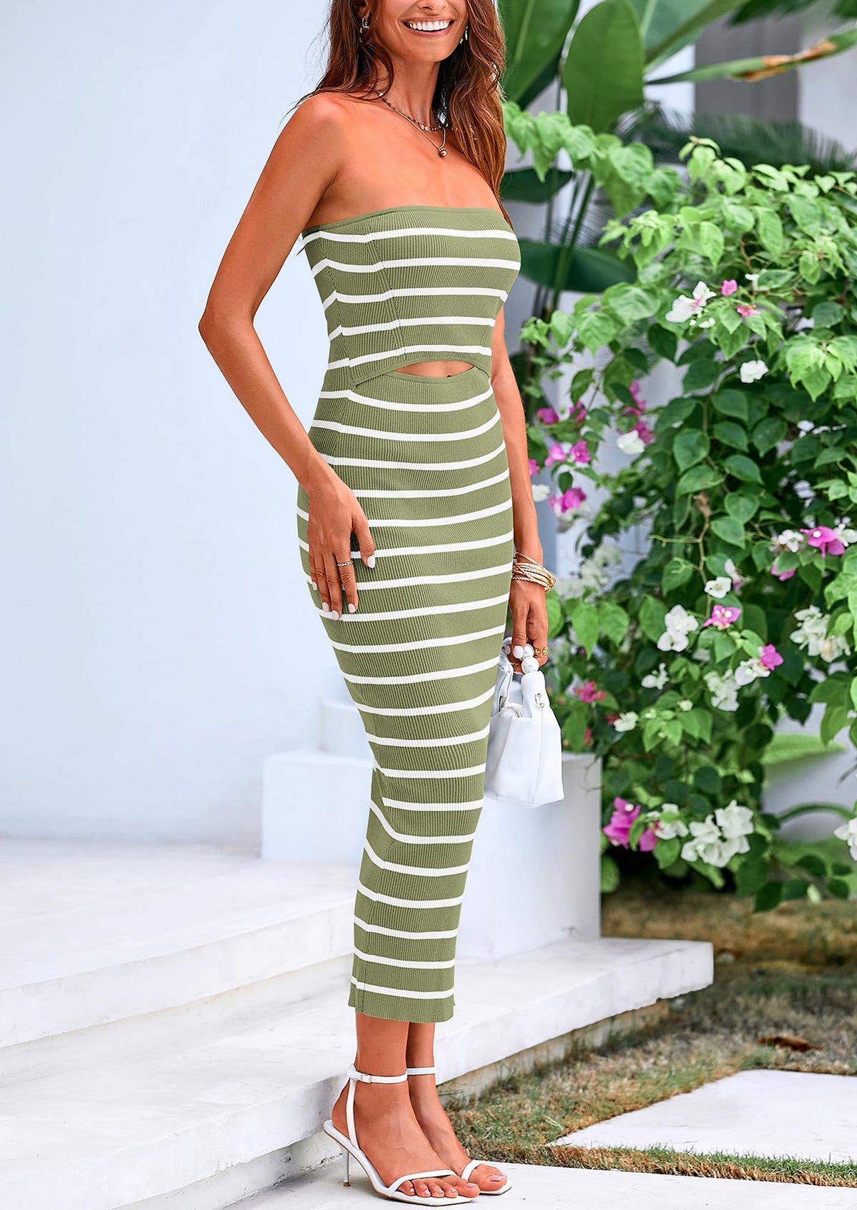 Summer Strapless Cut Out Knit Tube Long Fitted Midi Bodycon Dresses