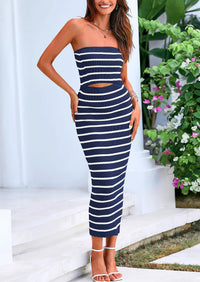 Summer Strapless Cut Out Knit Tube Long Fitted Midi Bodycon Dresses