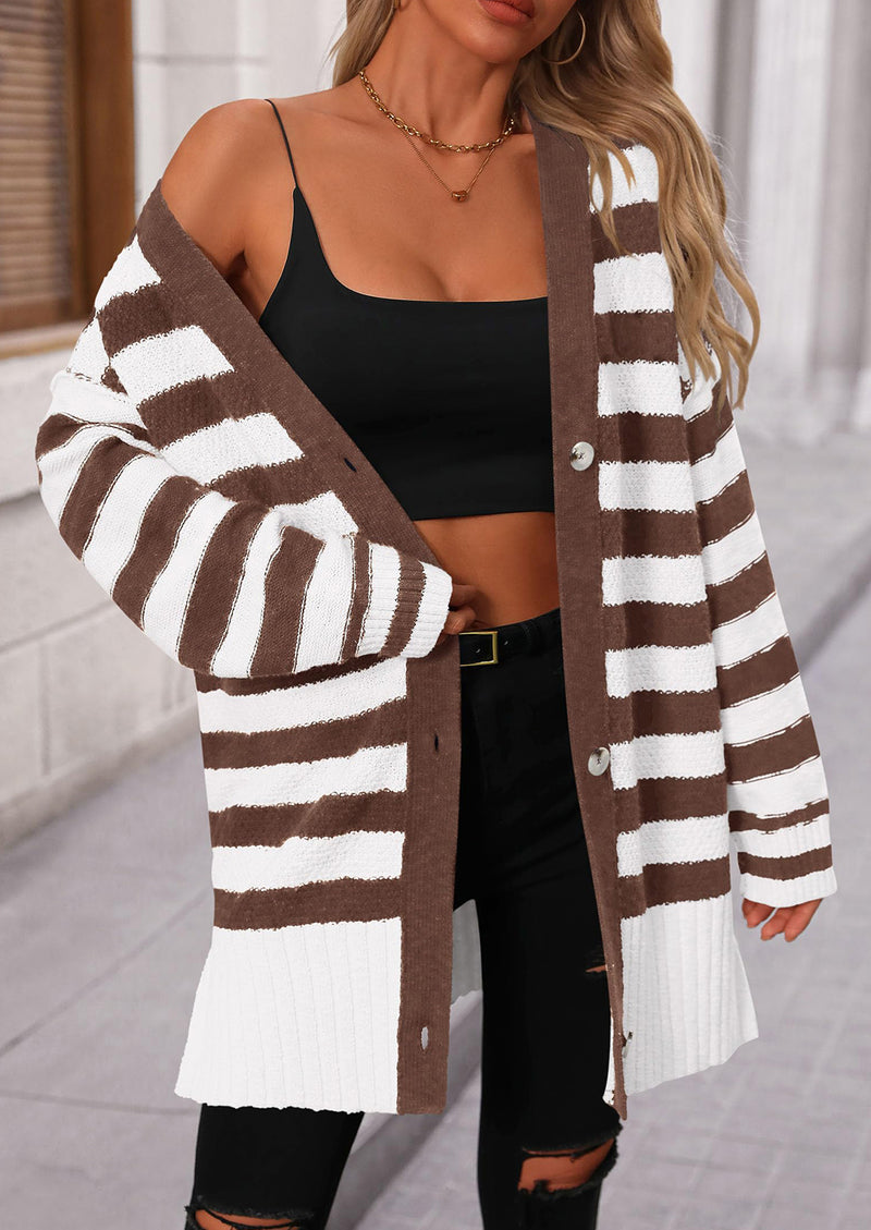 PRETTYGARDEN Women's Winter Striped Cardigan Sweaters Long Sleeve Button Down Open Front Chunky Knit Oversized Sweater Coat