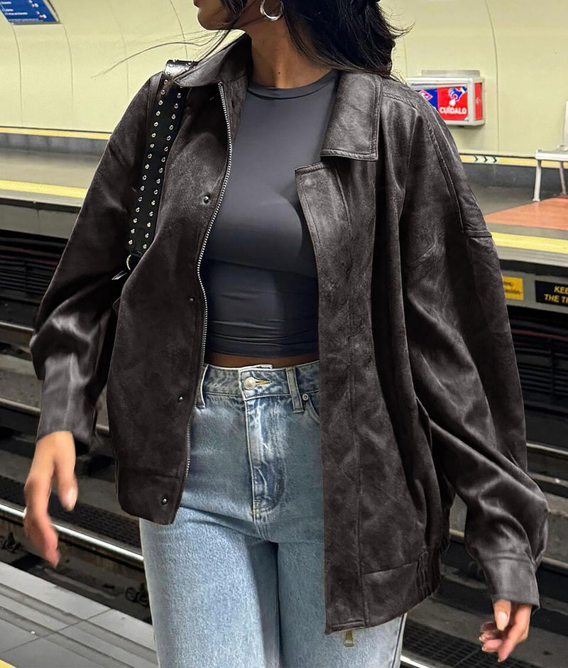 PRETTYGARDEN Women's Faux Leather Motorcycle Jacket Trendy Fall Spring Clothes Oversized Zip Up Winter Coat Outerwear PRETTYGARDEN