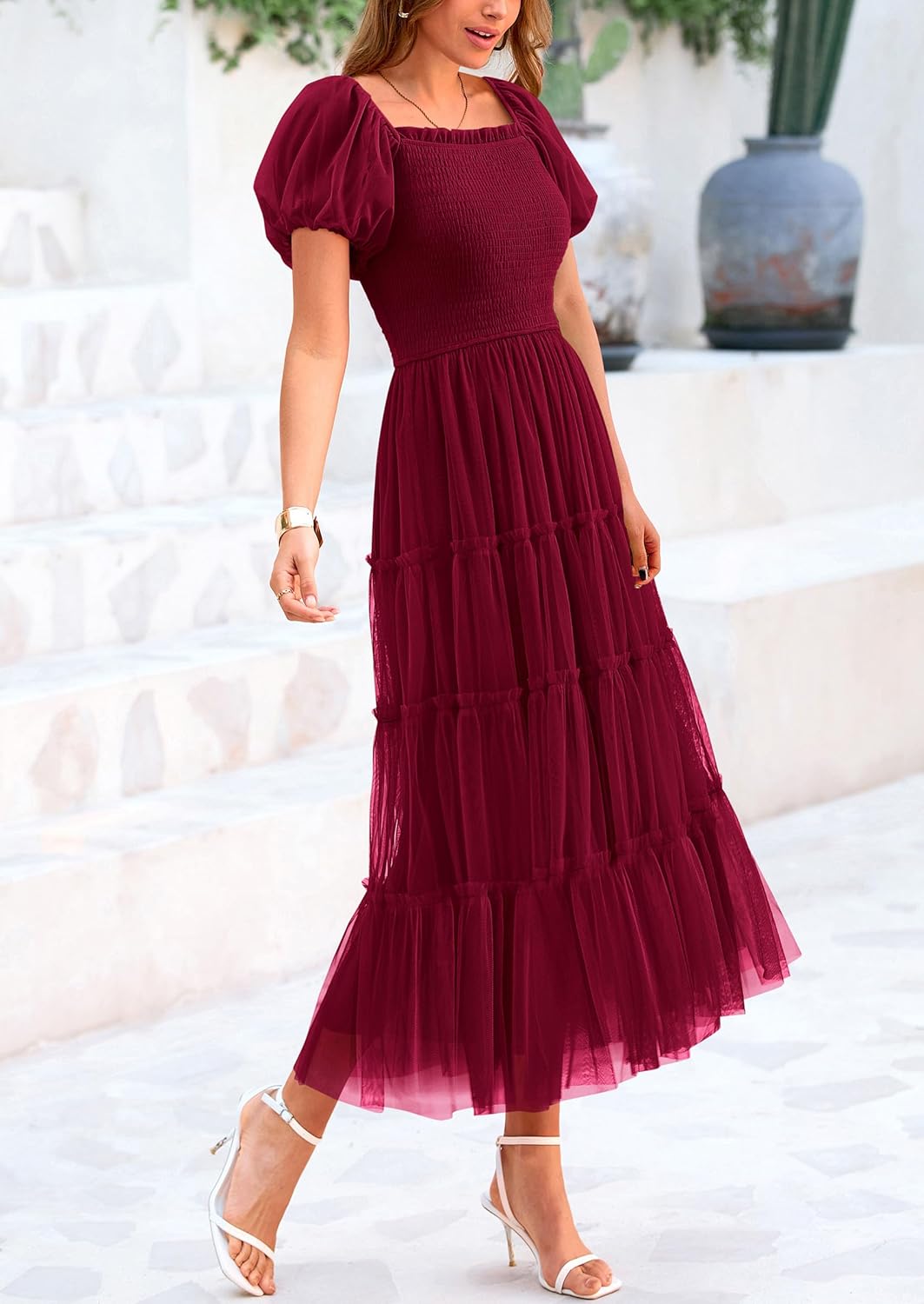 Smocked Tulle Puffy Short Sleeve Square Neck Ruffle Midi Dresses