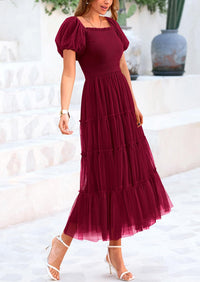 Smocked Tulle Puffy Short Sleeve Square Neck Ruffle Midi Dresses
