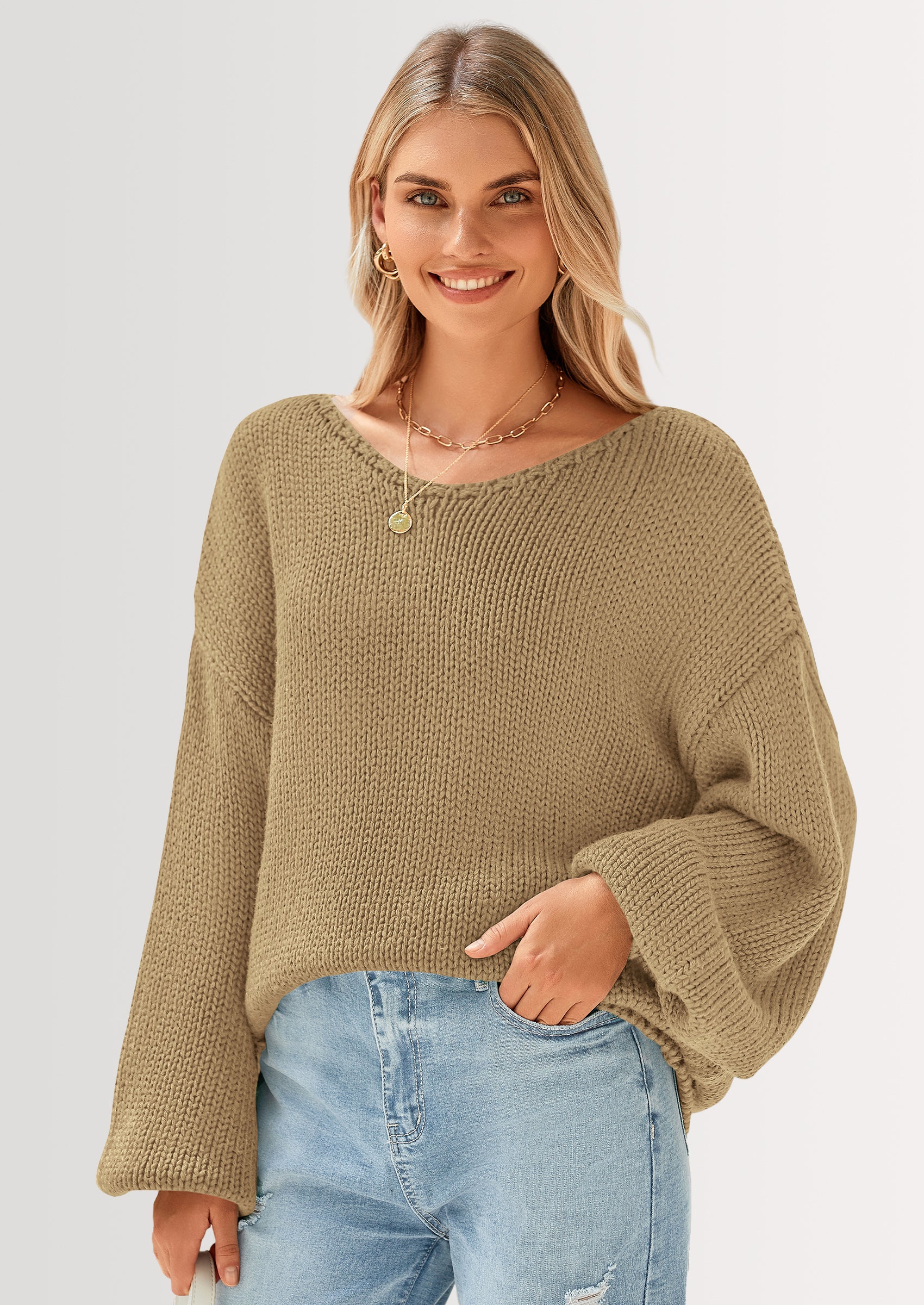 PRETTYGARDEN Women's Fall Oversized Sweaters Long Sleeve V Neck Dressy Casual Chunky Knit Loose Pullover Tops Winter Clothing