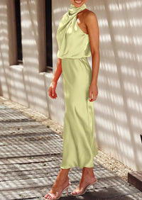 Satin sleeveless stand up collar party long dress