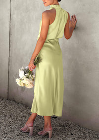 Satin sleeveless stand up collar party long dress