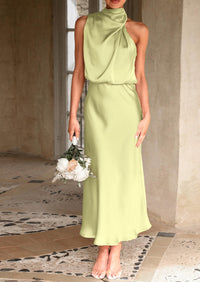Satin sleeveless stand up collar party long dress