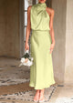 Satin sleeveless stand up collar party long dress