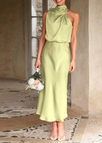 Satin sleeveless stand up collar party long dress