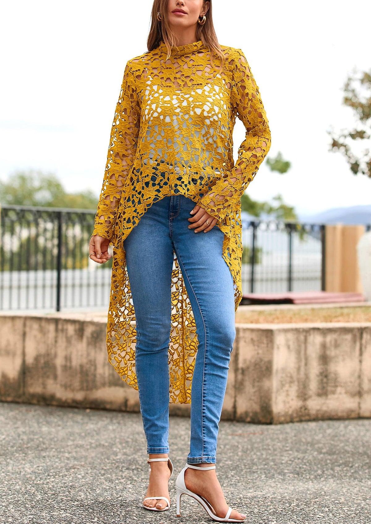 Long Sleeve Round Neck High Low Asymmetrical Irregular Hem Casual Blouse