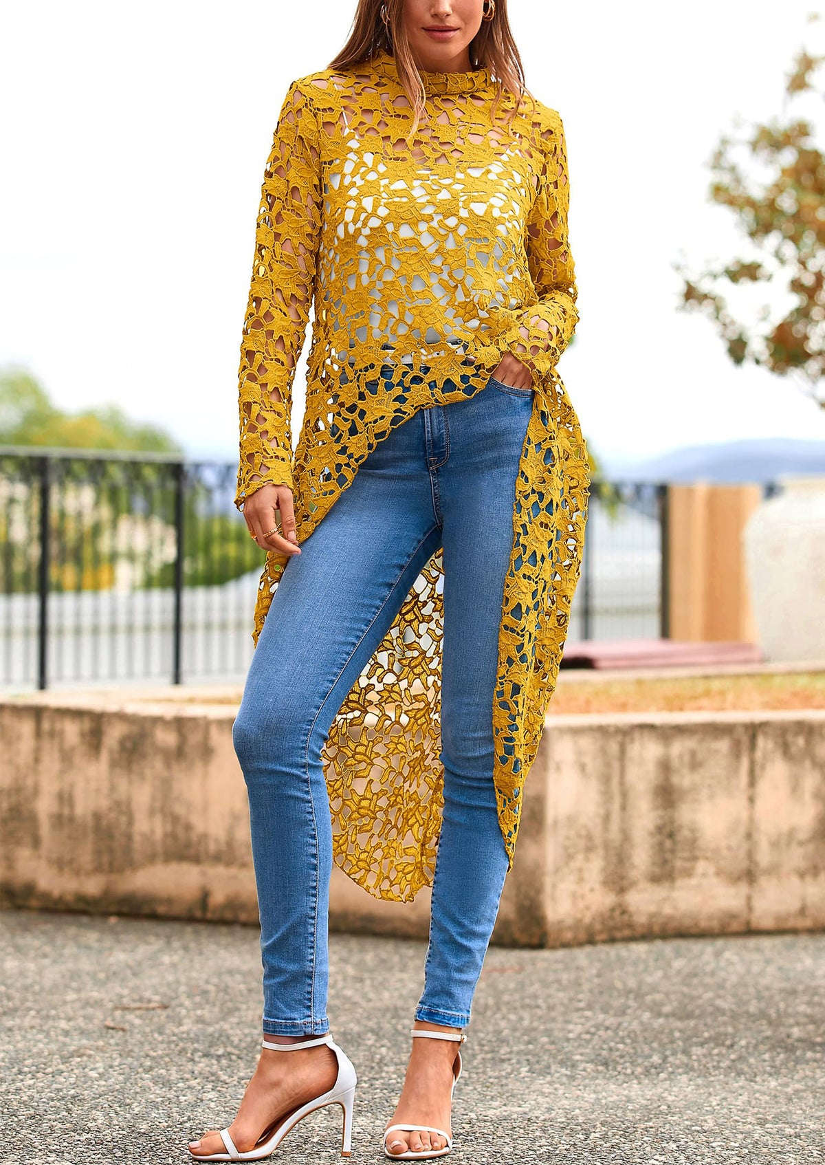 Long Sleeve Round Neck High Low Asymmetrical Irregular Hem Casual Blouse