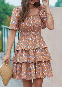 Floral Square Neck Short Sleeve Tiered Ruffle Boho Dresses