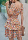 PRETTYGARDEN Women Floral Square Neck Short Sleeve Tiered Ruffle Boho Mini Dresses