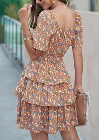Floral Square Neck Short Sleeve Tiered Ruffle Boho Dresses
