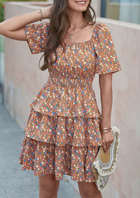 Floral Square Neck Short Sleeve Tiered Ruffle Boho Dresses