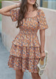 Floral Square Neck Short Sleeve Tiered Ruffle Boho Dresses