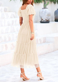 Smocked Tulle Puffy Short Sleeve Square Neck Ruffle Midi Dresses