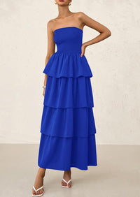 Off Shoulder Smocked Tiered Ruffle Long Flowy Casual Beach Maxi Dress