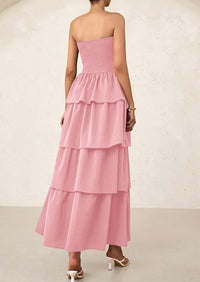 Off Shoulder Smocked Tiered Ruffle Long Flowy Casual Beach Maxi Dress
