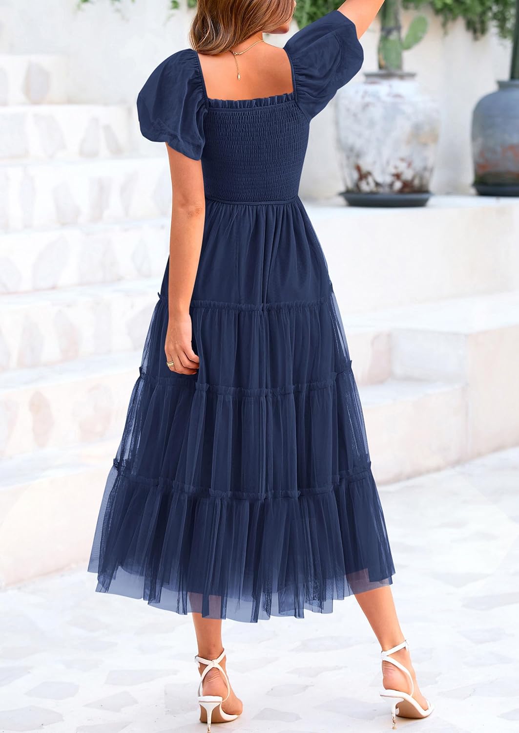 Smocked Tulle Puffy Short Sleeve Square Neck Ruffle Midi Dresses