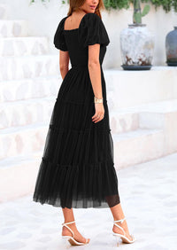 Smocked Tulle Puffy Short Sleeve Square Neck Ruffle Midi Dresses