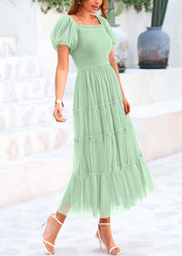 Smocked Tulle Puffy Short Sleeve Square Neck Ruffle Midi Dresses