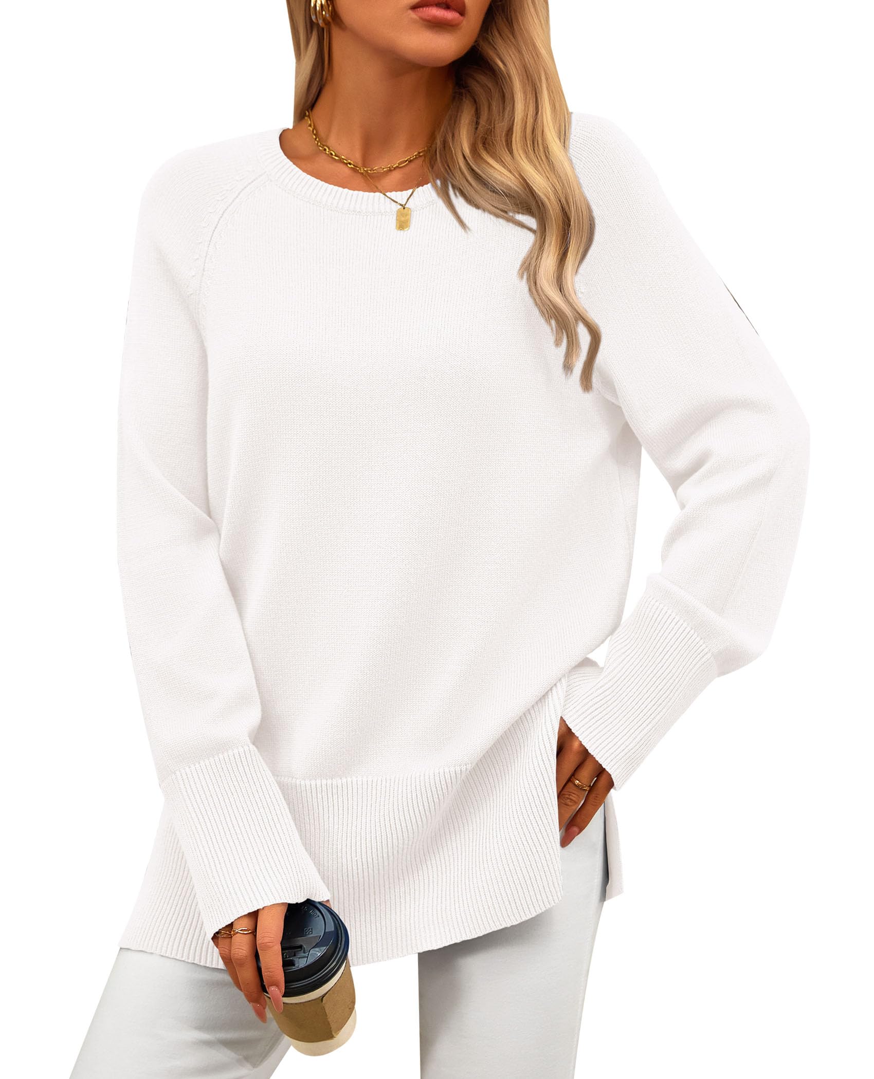 PRETTYGARDEN Women's Knit Fall Sweaters Long Sleeve Pullover Crewneck Split Hem Oversized Tunic Sweater Tops Winter Clothing