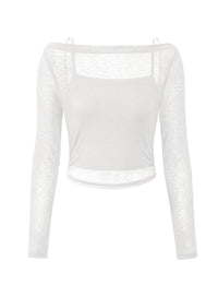 Boat Neck Long Sleeve Sheer Crop Cover Up with Spaghetti Strap Camisole 2 Piece Blouses