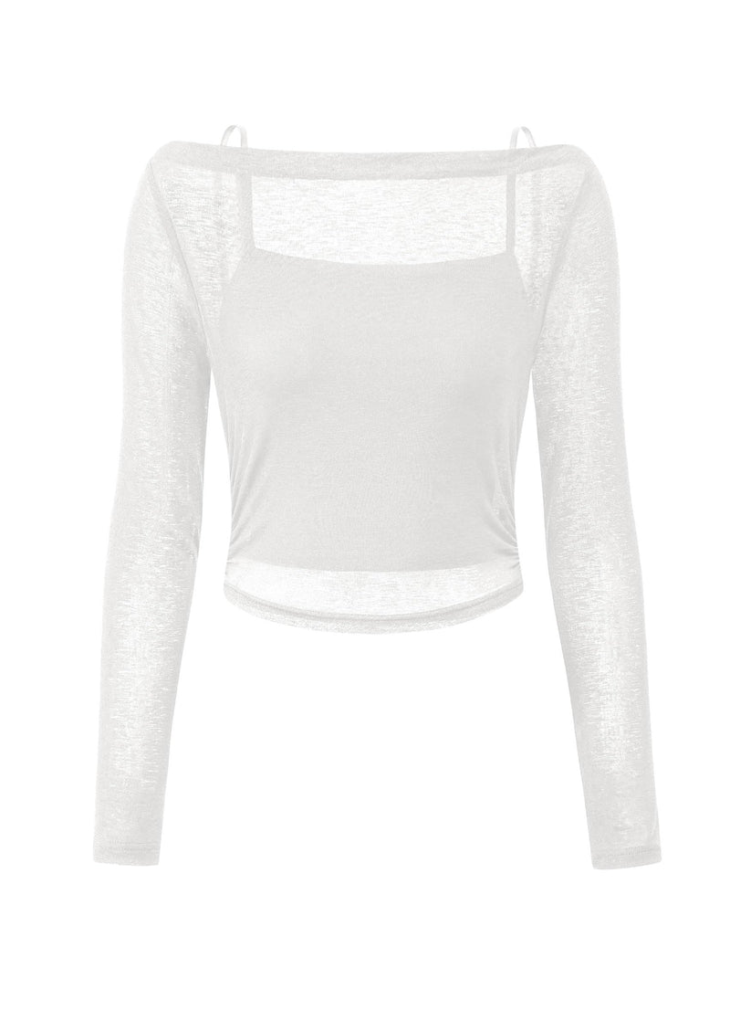 PRETTYGARDEN Women's Long Sleeve Sheer Crop Tops Boat Neck See Through Cover Up with Spaghetti Strap Camisole 2 Piece Blouses