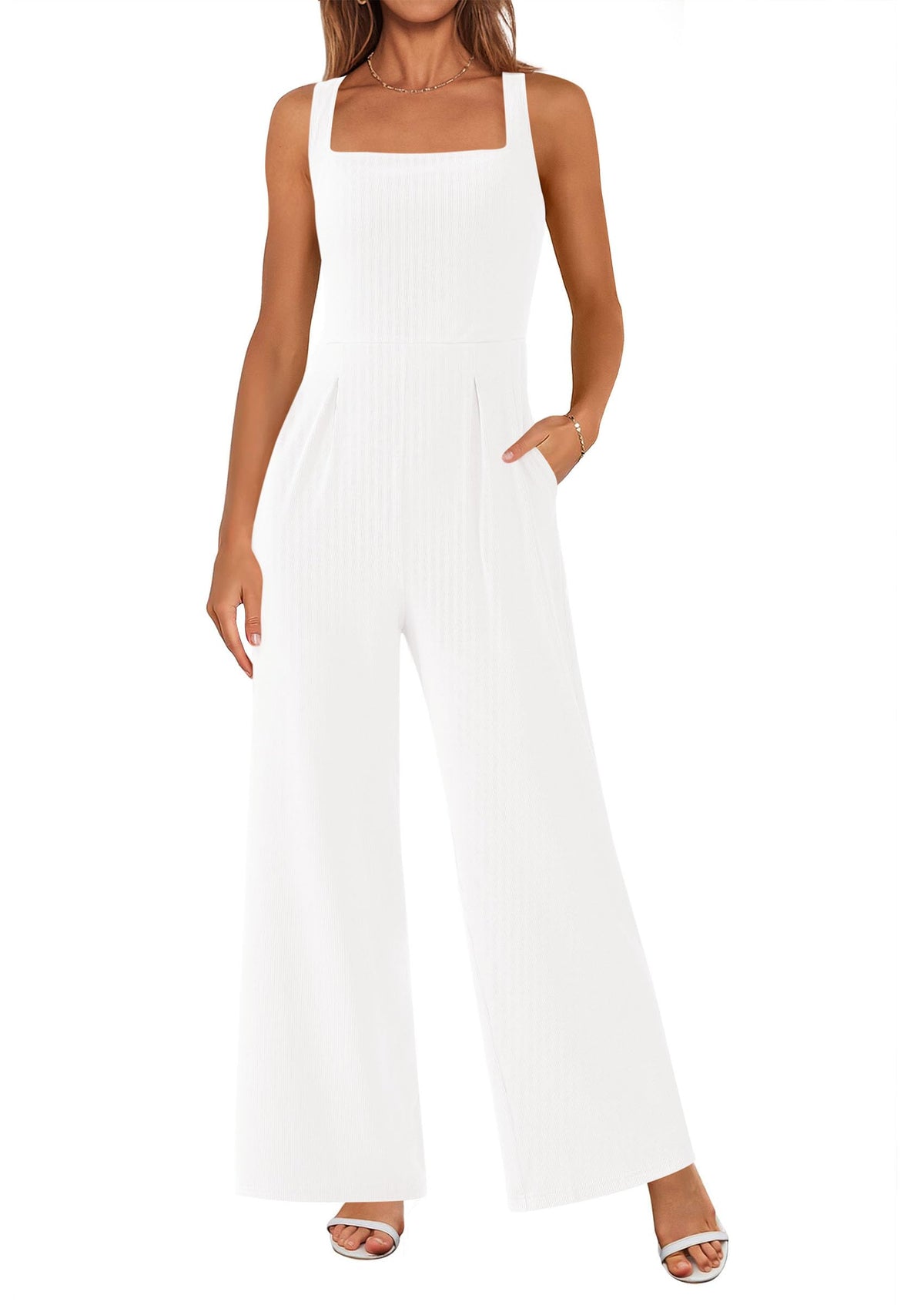 Sleeveless Dressy Square Neck Wide Leg Pants Knitted with Pockets Jumpsuits
